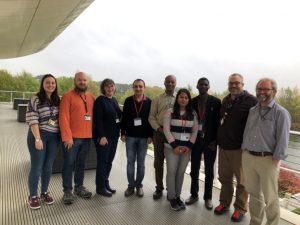 The hosts (Prof. Neil Boonham and Dr. Adrian Fox, 1st and 2nd from right) with colleagues (L-R : Ines Vazquez, Ben Barret, Sioban Ostoja-Starzewska, Stephen Forde- 5th from left) joining Mohamad Halabi, Parinda Barua and John Oladokun during the end of training farewell at Fera Science Limited balcony